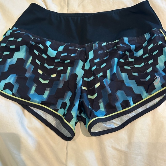 Asics Blue and Black Athletic Shorts with Geometric Pattern - Picture 1 of 4